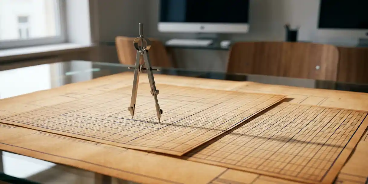 Architect's drafting compass centered on a technical blueprint, arms spanning overlapping grid sections on a glass desk in a modern workspace.
