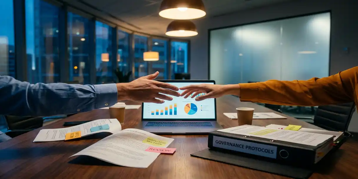 Two professionals reaching across a boardroom table toward a shared laptop displaying BI dashboard charts, surrounded by printed reports and a governance binder.