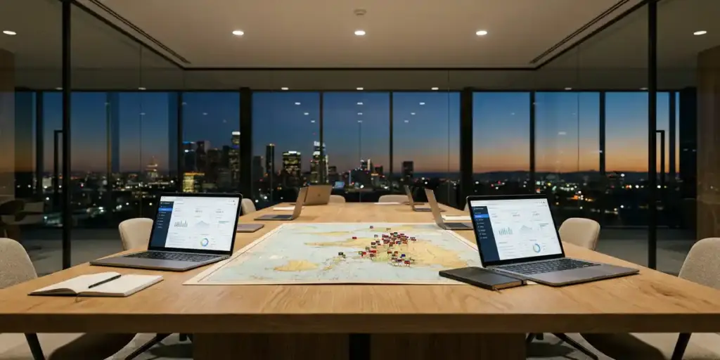 Glass-walled boardroom at dusk with laptops showing matching dashboards, regional flag pins on a world map spread across an oak conference table.