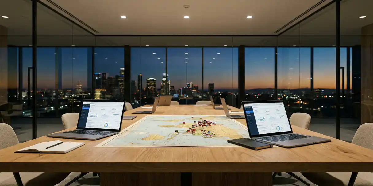 Glass-walled boardroom at dusk with laptops showing matching dashboards, regional flag pins on a world map spread across an oak conference table.