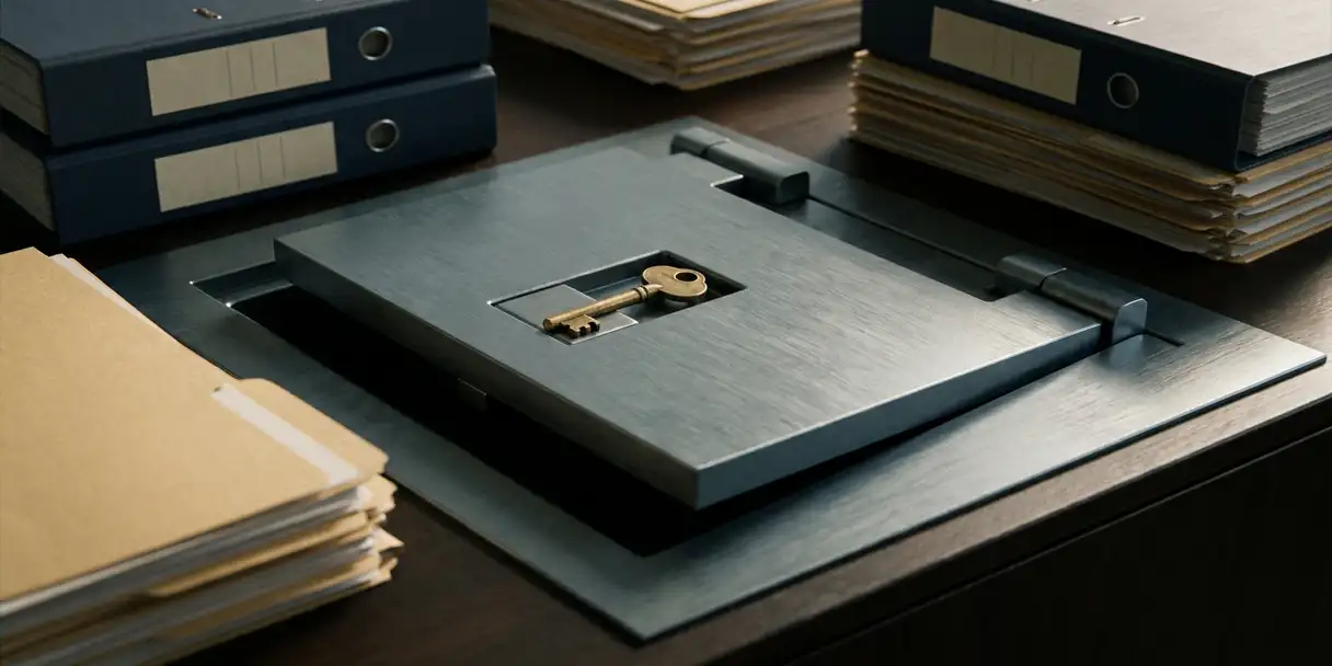 Brass key resting inside a half-open steel vault door beside organized file folders on a corporate desk, symbolizing selective access control.