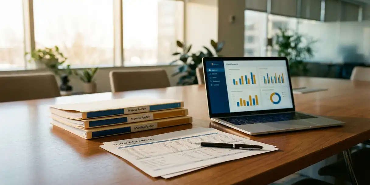 Color-coded budget folders and financial spreadsheet on a conference table beside a laptop showing analytics dashboard, pen marking a line item.