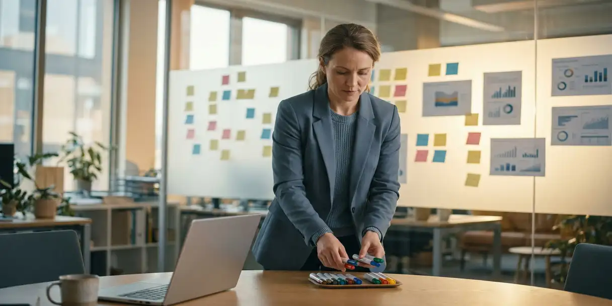 Business analyst organizing colored markers into clusters on a frosted glass wall covered in sticky notes and BI dashboard reports.