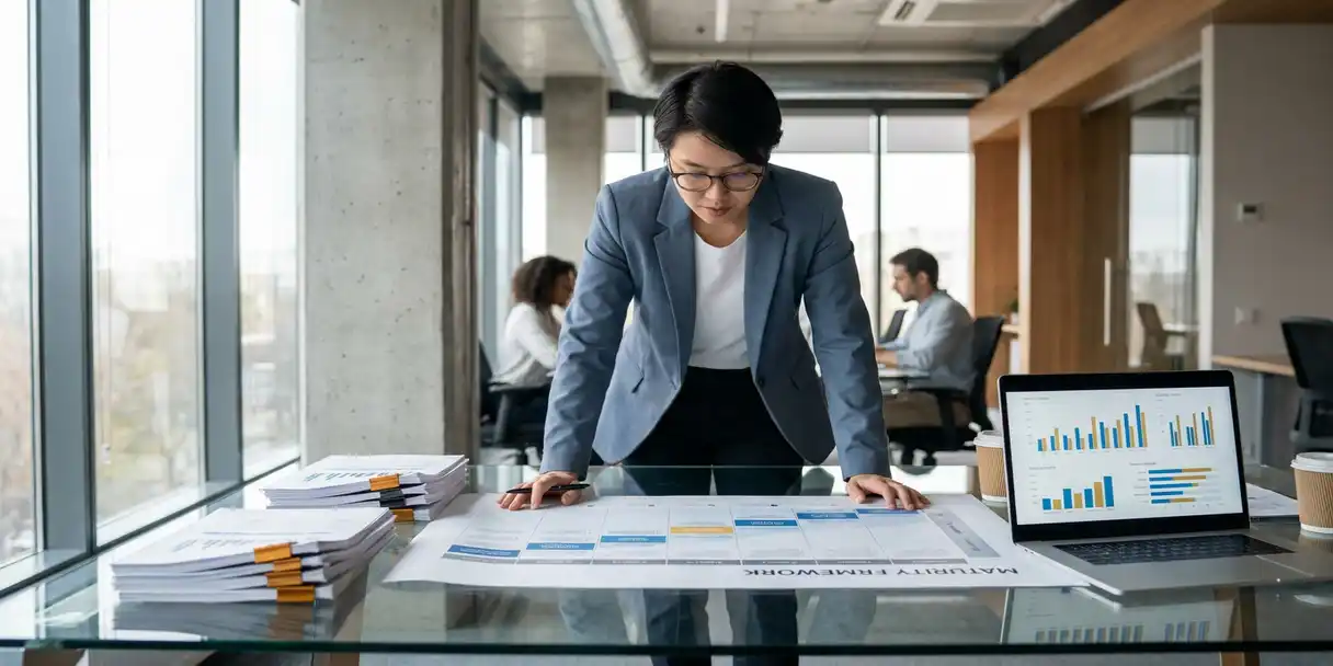 Business analyst reviewing a printed BI maturity framework on a glass desk beside stacked reports and a laptop showing dashboard charts.