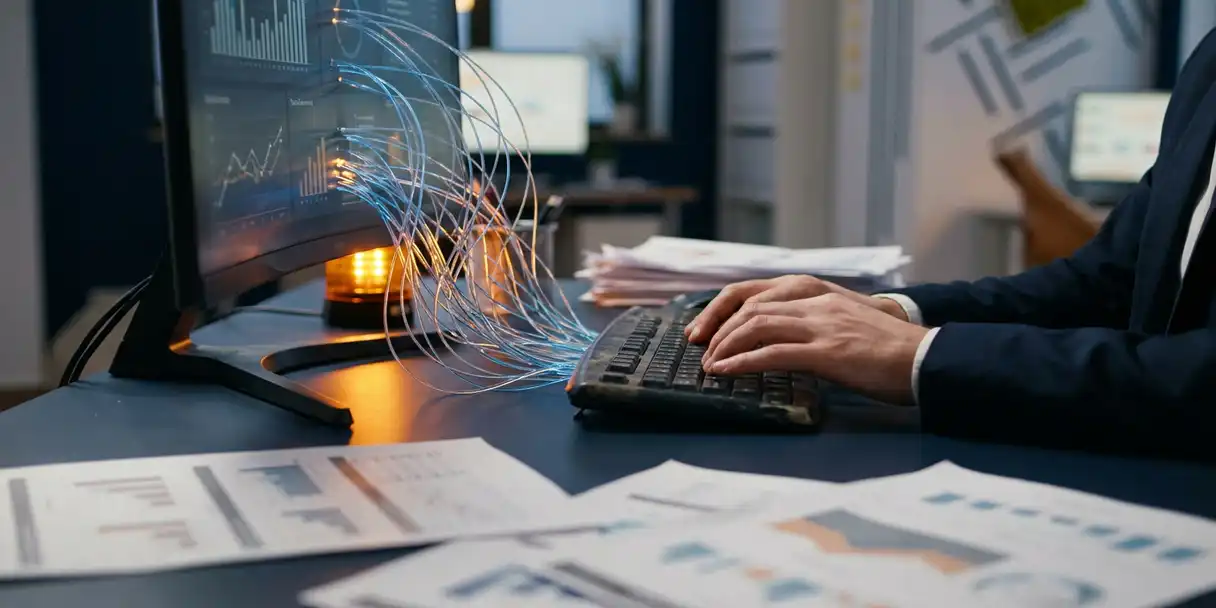 Hands hovering over a keyboard beside a glowing dashboard monitor with tangled data threads and scattered BI reports on a dark executive desk.