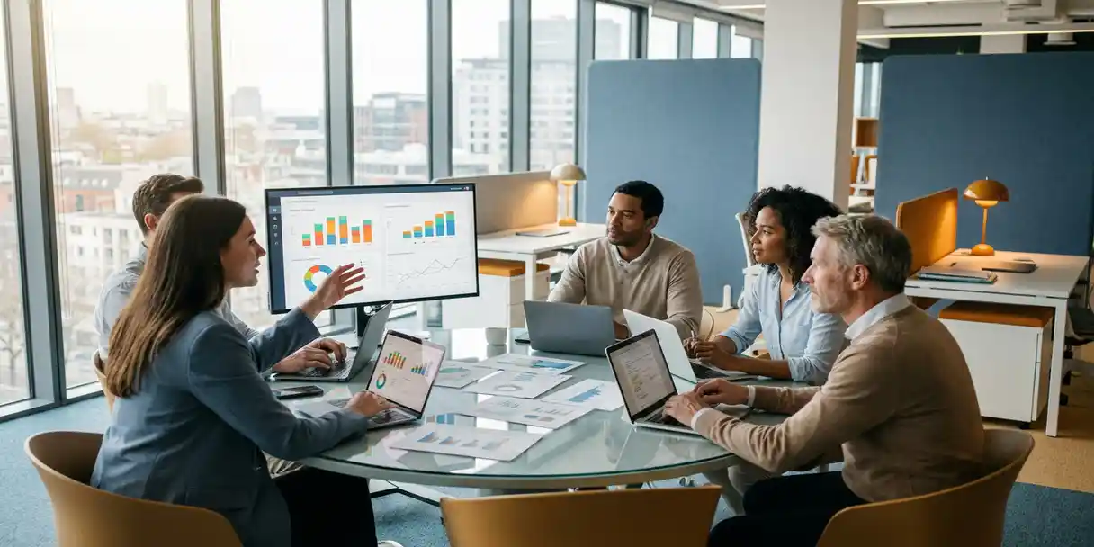 Diverse team of five professionals collaborating around a glass conference table with BI dashboards on laptops and a shared monitor in a modern sunlit office.