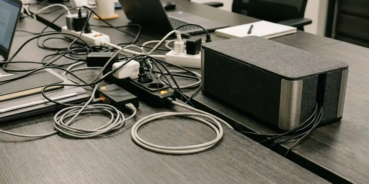 Tangled unauthorized cables and mismatched power strips on a corporate desk beside a tidy cable management box with neatly routed wires.