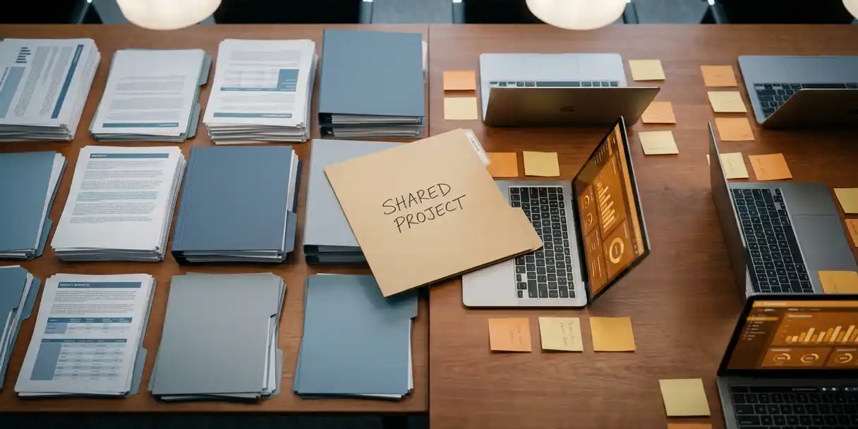 Overhead flat-lay of a conference table split between stacked IT reports and business unit laptops with sticky-note dashboards, united by a shared document folder at center.