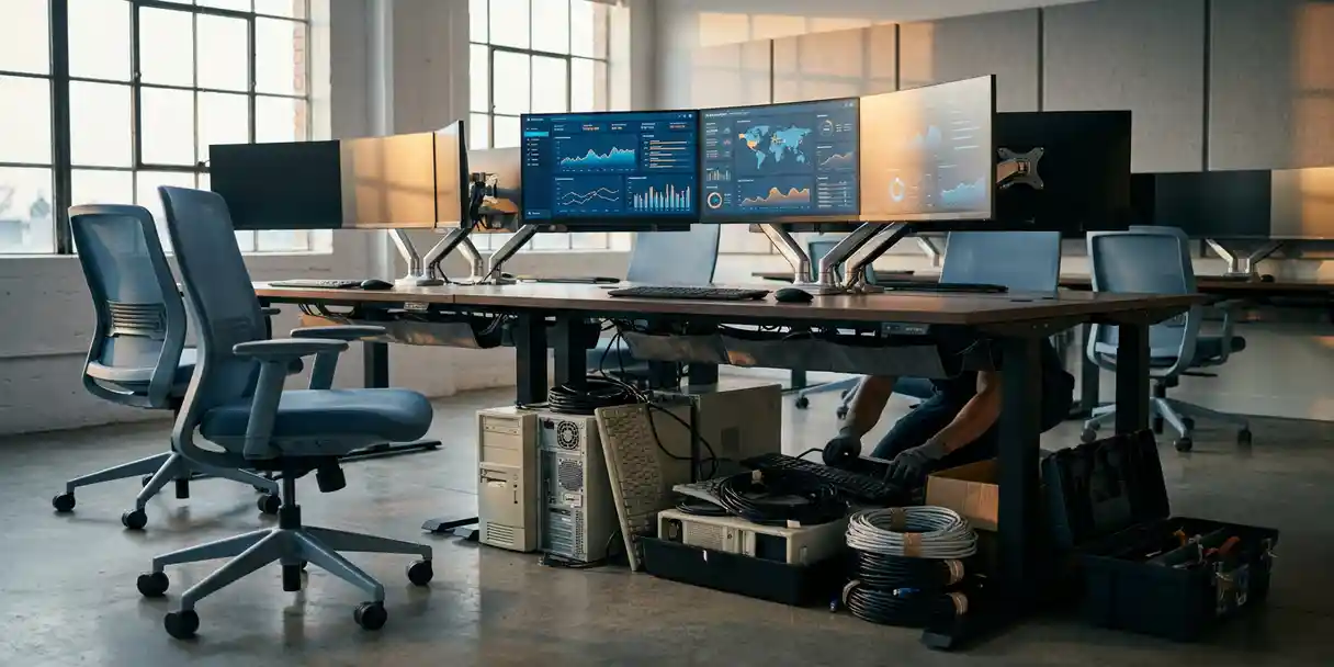 Modern command center desk with multiple monitors showing unified dashboards, organized cable management replacing tangled legacy hardware, enterprise office setting.