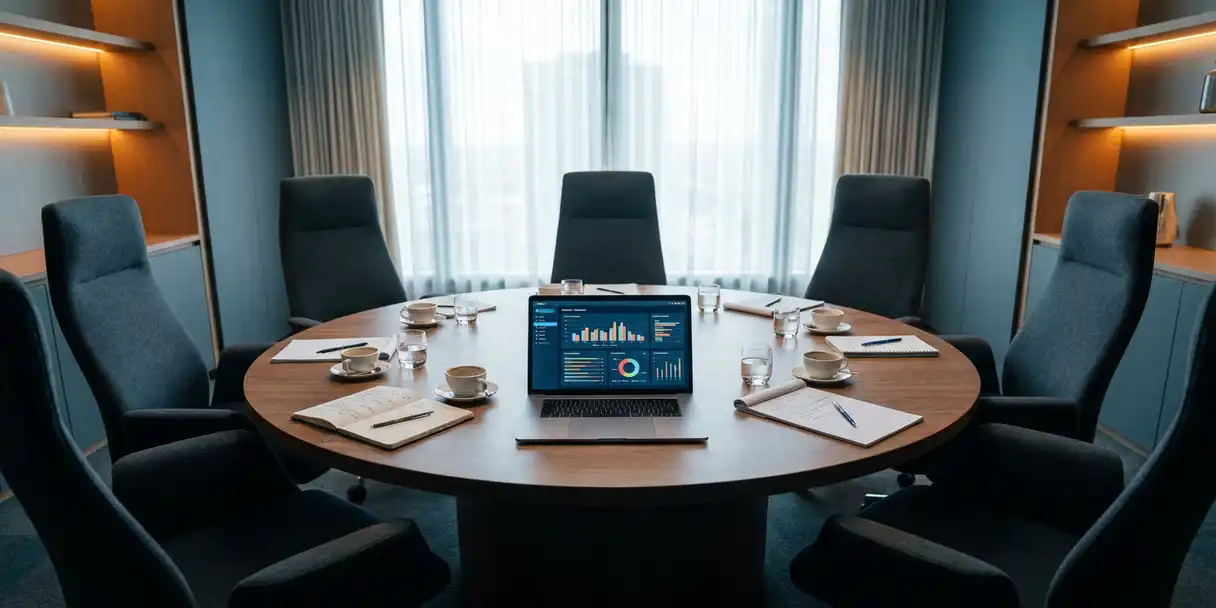 Round conference table with six empty chairs, an open laptop showing dashboard charts, scattered notebooks and coffee cups in a modern office.