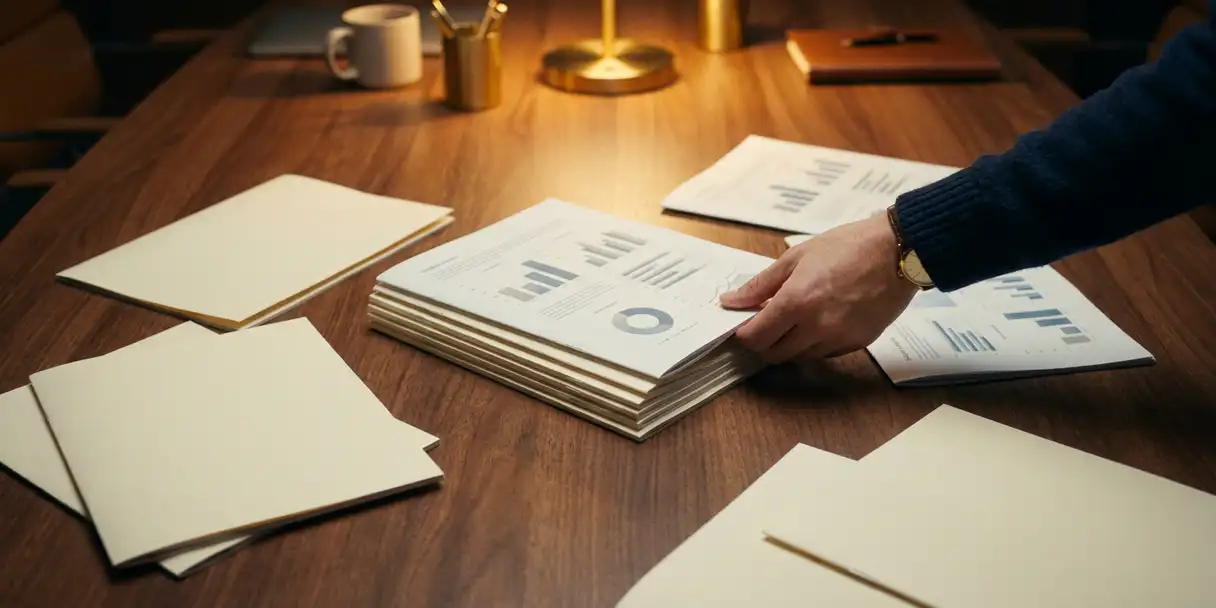 Analyst's hand aligning printed dashboard reports into a unified stack on a polished conference table under warm amber lamplight.