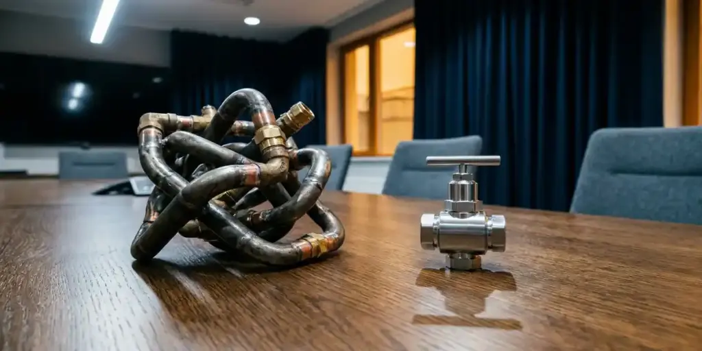 Tangled custom-welded metal pipes beside a sleek precision valve on an oak boardroom table, contrasting bespoke versus off-the-shelf components.