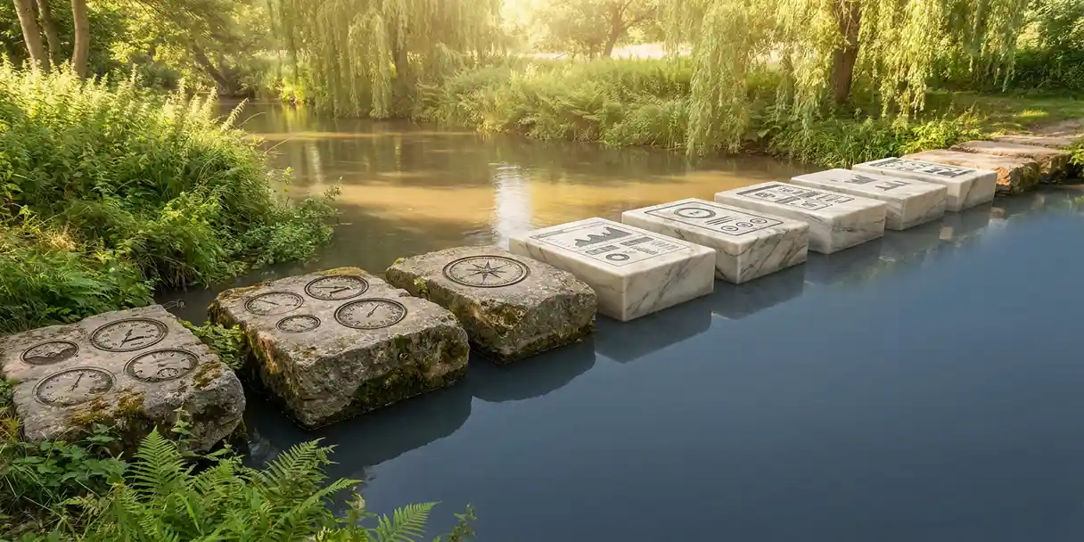 Modular stepping stones crossing a calm river, each engraved with dashboard interfaces transitioning from weathered granite to polished marble, symbolizing migration stages.