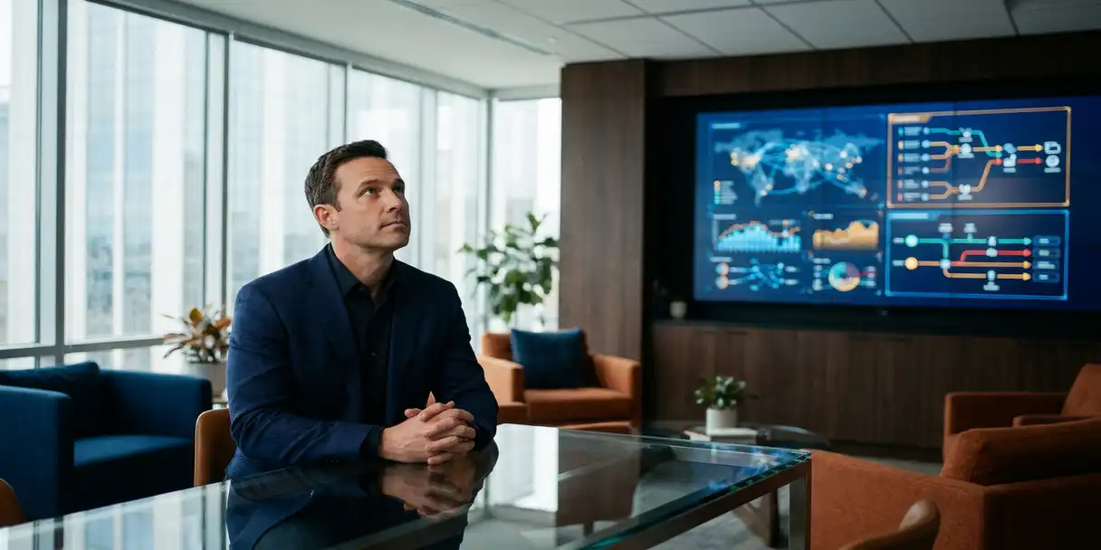 Professional reviewing wall-mounted data flow and access control dashboard in a sunlit modern office with navy and amber tones.