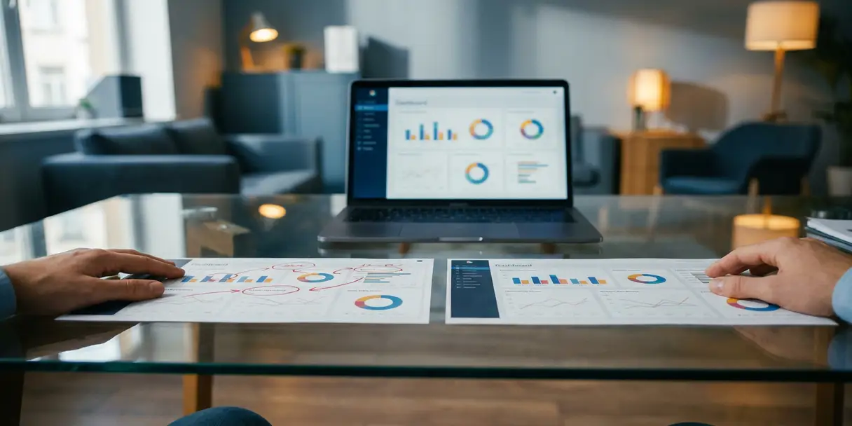 Data analyst comparing two annotated dashboard printouts side by side on a glass desk, with a BI chart laptop in soft focus behind.