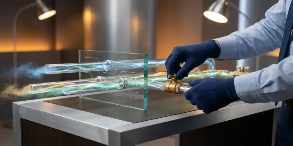 Data analyst adjusting a brass valve on transparent pipes carrying colored light streams, navy blue and amber tones, shallow depth of field.