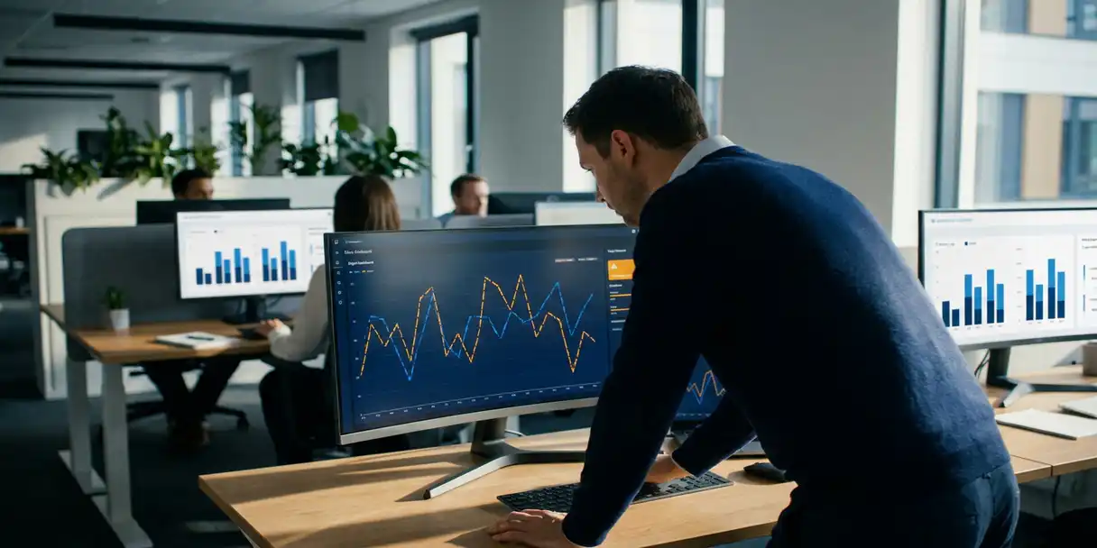 Data analyst examining a fractured dashboard chart on a monitor, with an approved version displayed on a background screen in a modern office.