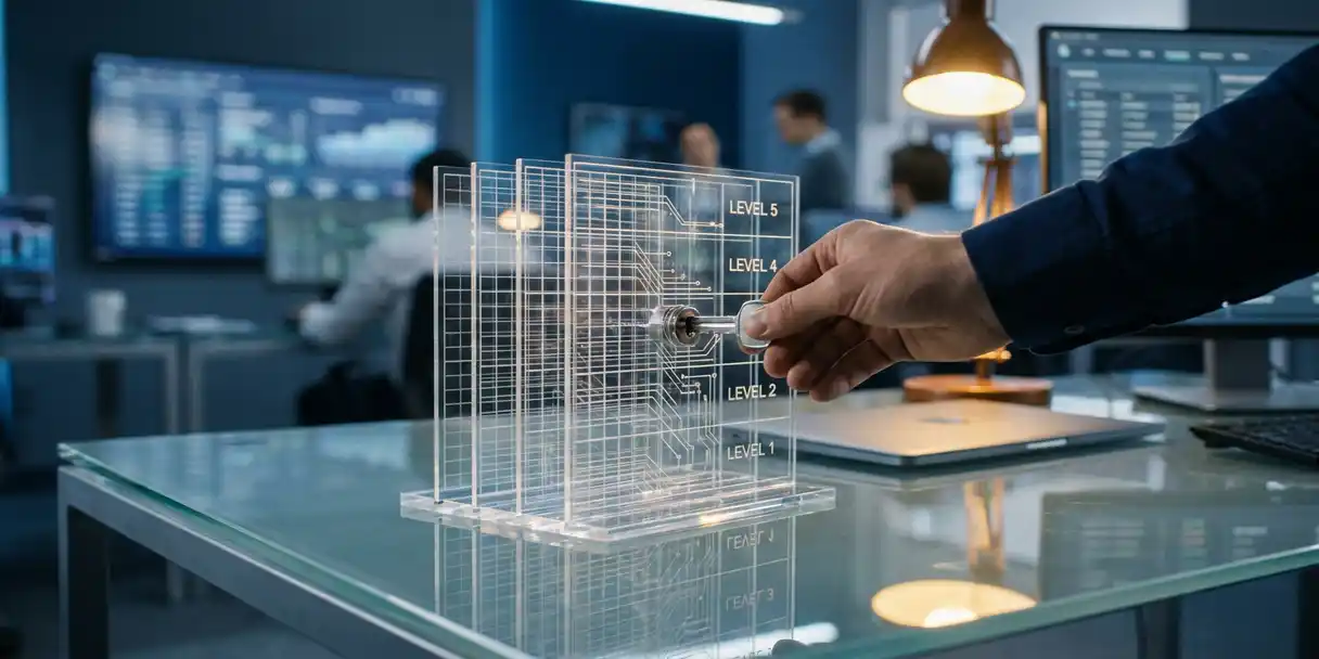 Data analyst inserting a key into layered transparent acrylic panels with grid patterns, symbolizing BI access level security.