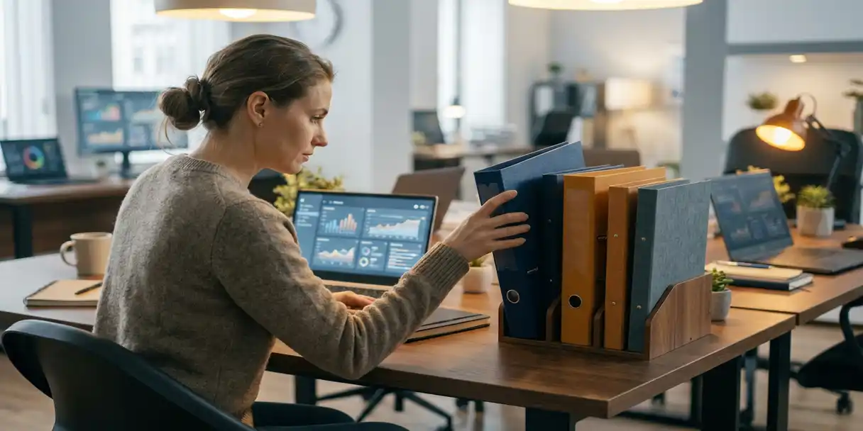 Data analyst organizing color-coded folders and labeled binders on a modern desk, with multiple dashboard-displaying laptops in a navy and amber-toned office.