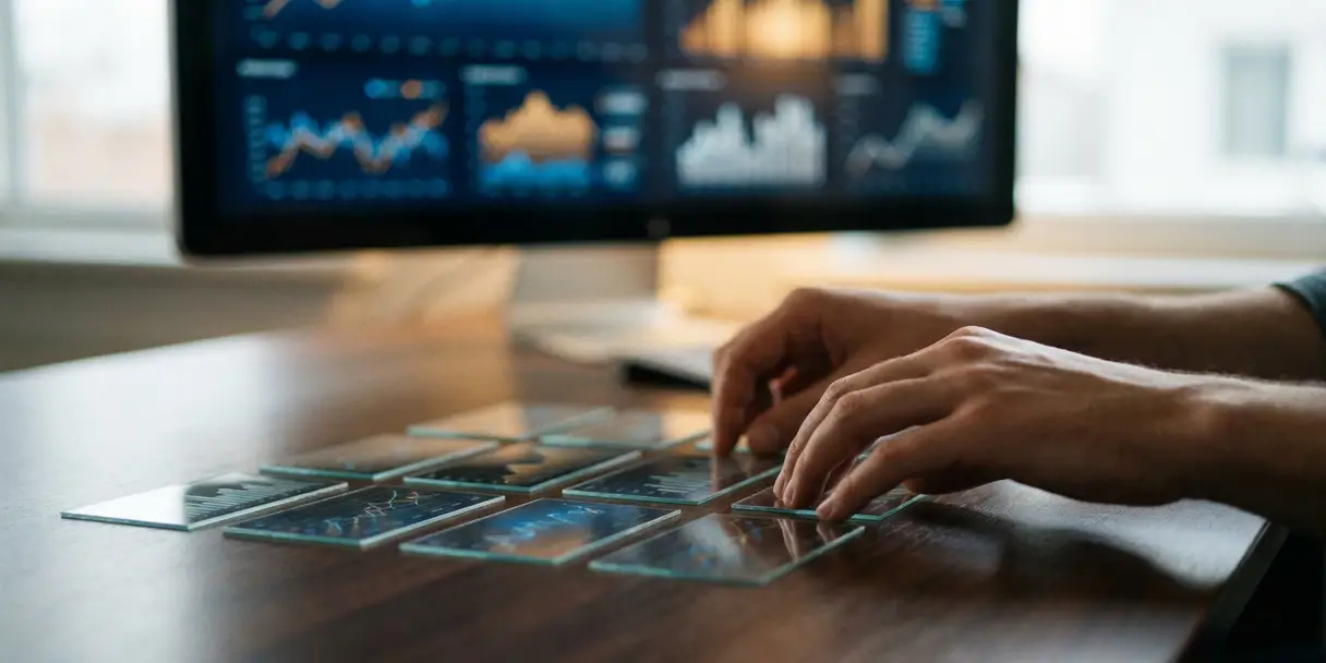 Data analyst organizing labeled glass index cards on a dark desk, faint dashboard charts reflected on each card, glowing monitor in background.