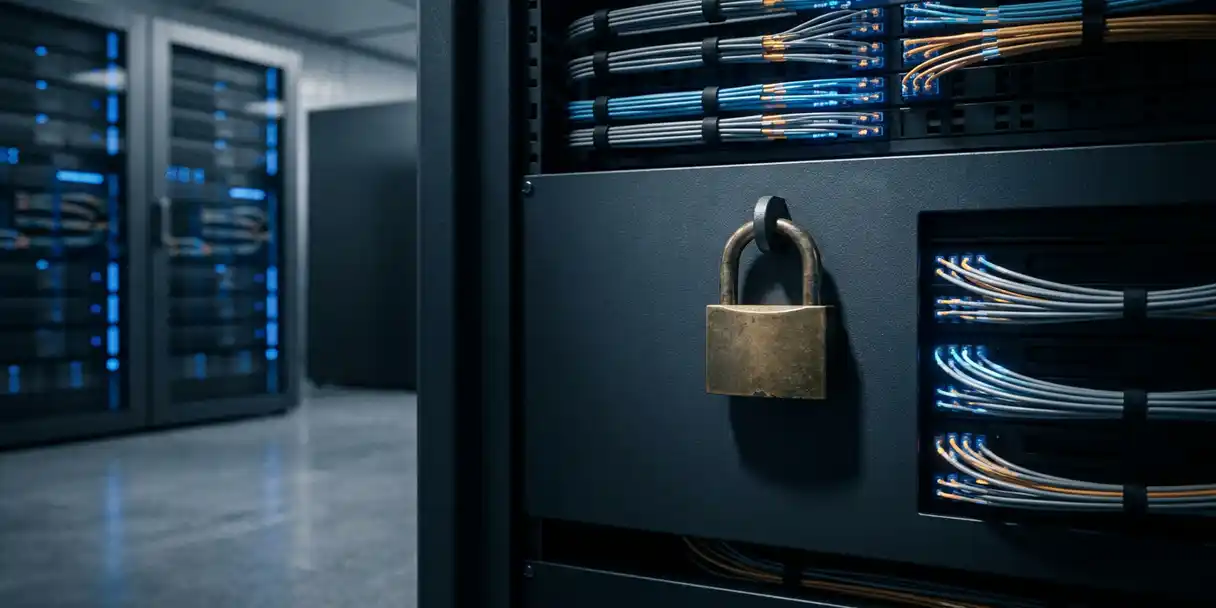 Brass padlock on a dark server rack panel surrounded by glowing fiber optic cables in an enterprise data center.