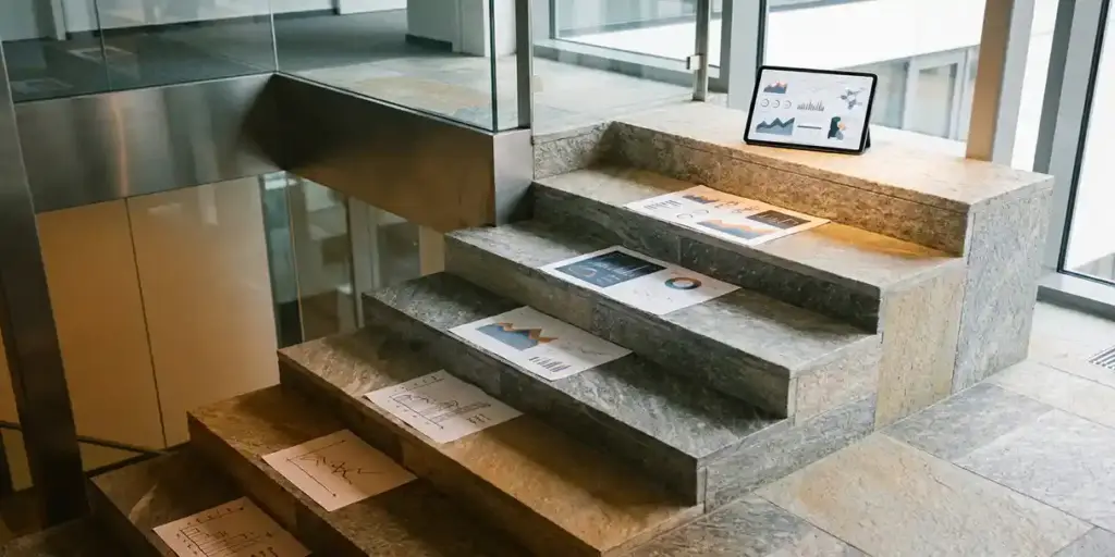Polished stone staircase in a modern office with increasingly refined data dashboard printouts on each step, top bathed in natural light.