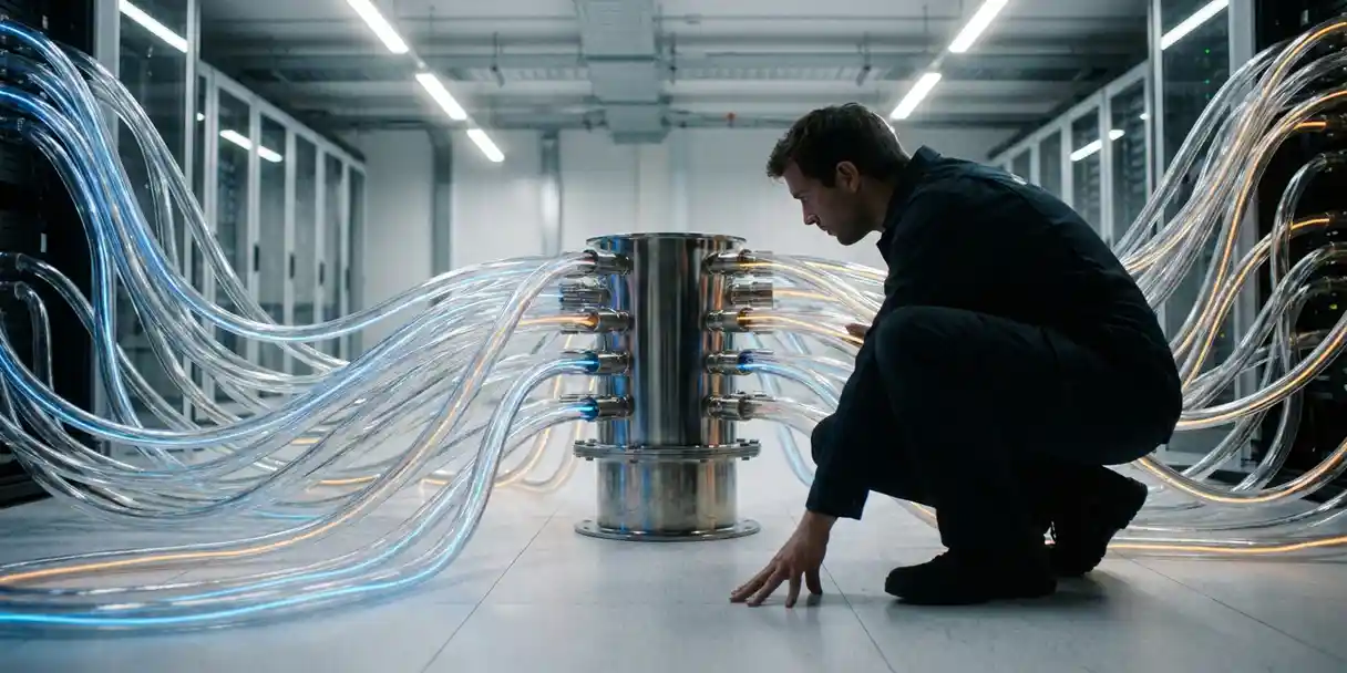 Engineer inspecting a central steel hub where translucent glass data pipes converge in a minimalist server room, lit in blue, silver, and amber.