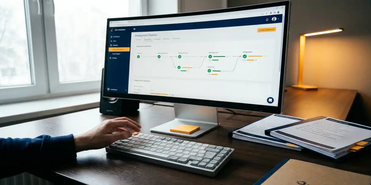 Developer's hand over keyboard with deployment pipeline dashboard on monitor, QA checklists on desk, navy and white office setting.