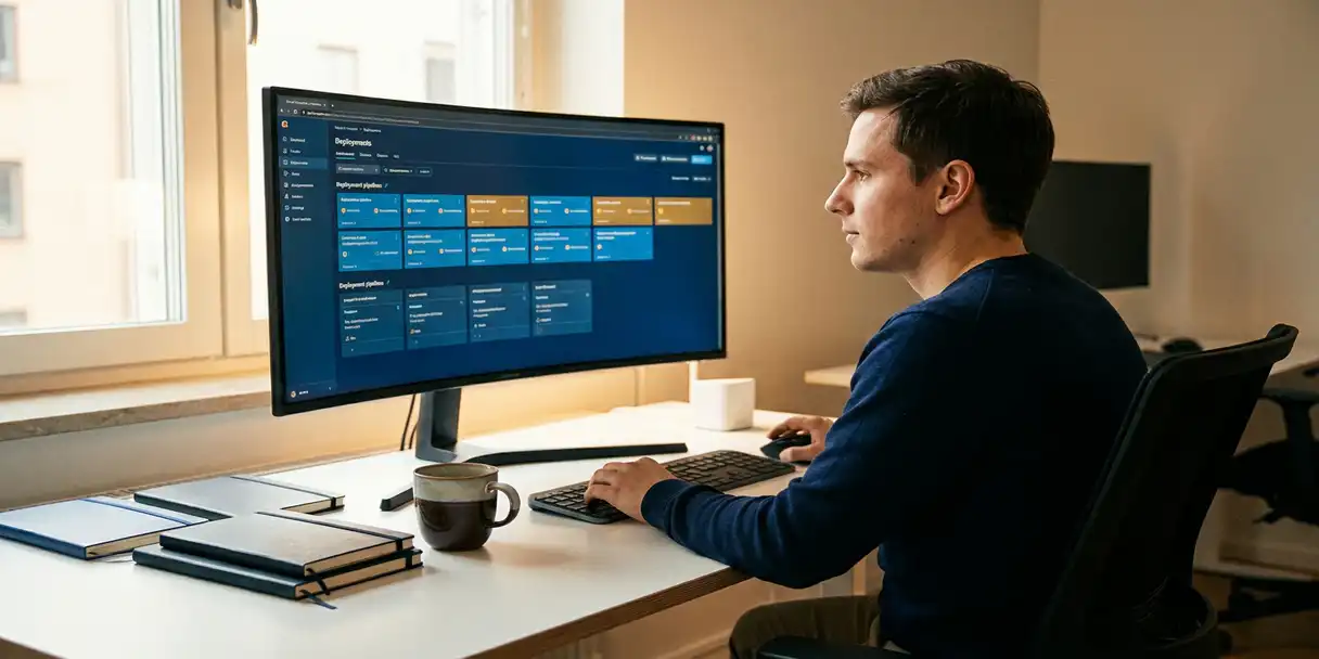 Developer reviewing color-coded deployment pipeline dashboard on a large monitor at a tidy enterprise desk with notebooks and coffee mug.