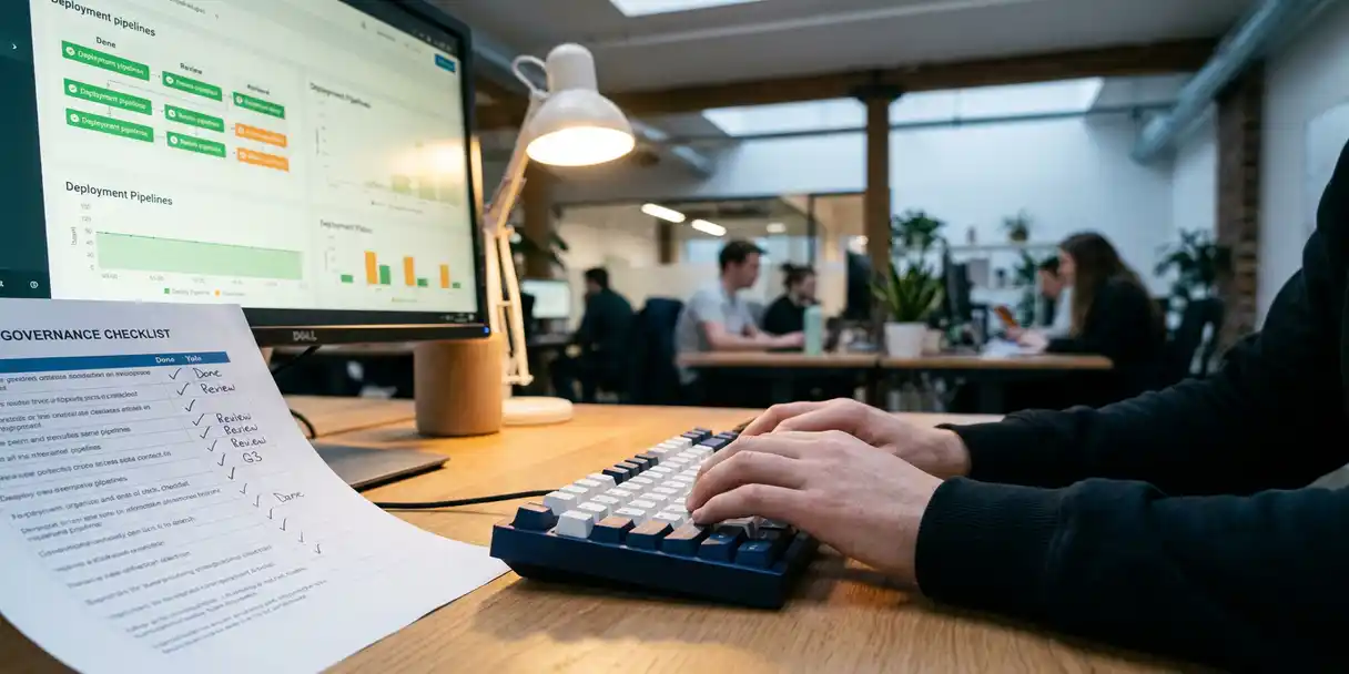 Developer's hands on a mechanical keyboard beside an annotated governance checklist, with deployment pipelines on a monitor in a modern tech office.
