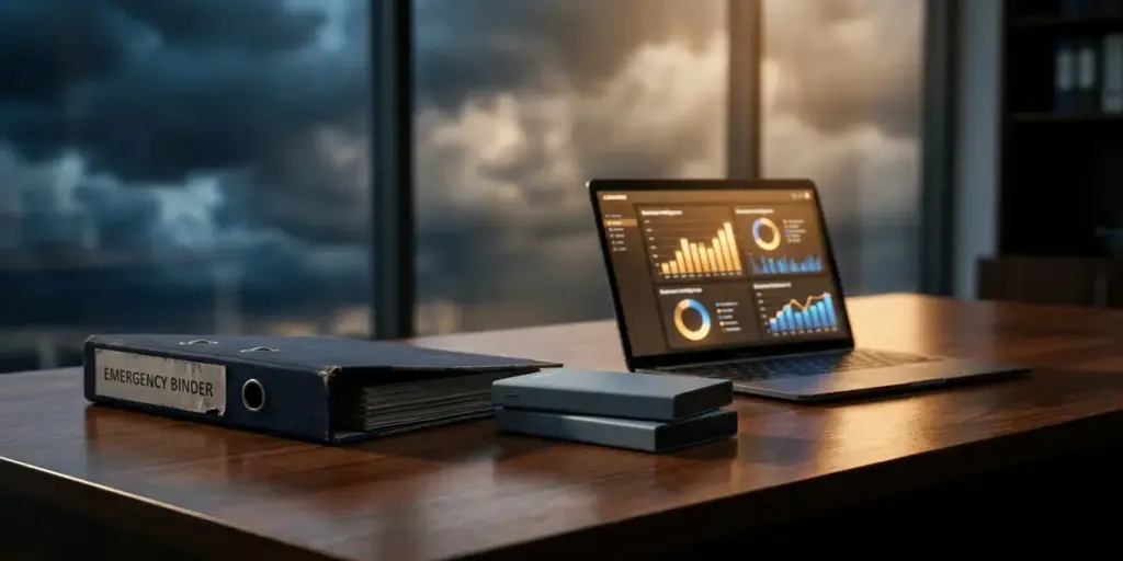 Weathered emergency binder and backup hard drives beside a laptop showing BI dashboard charts on a corporate desk, storm clouds visible through office window.
