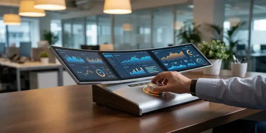 Hand adjusting a central dial on a polished enterprise control panel with multiple dashboard screens arranged in an arc, navy and silver tones.