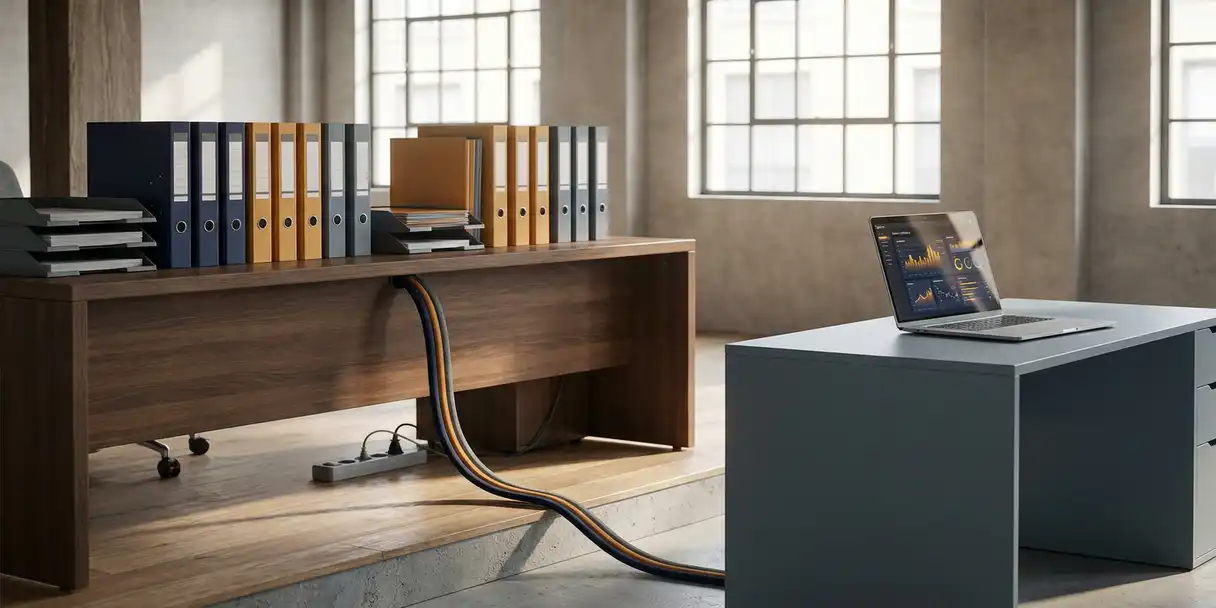 Split-level office with two desks sharing a cable — one with color-coded compliance binders, the other with a laptop showing data dashboards.