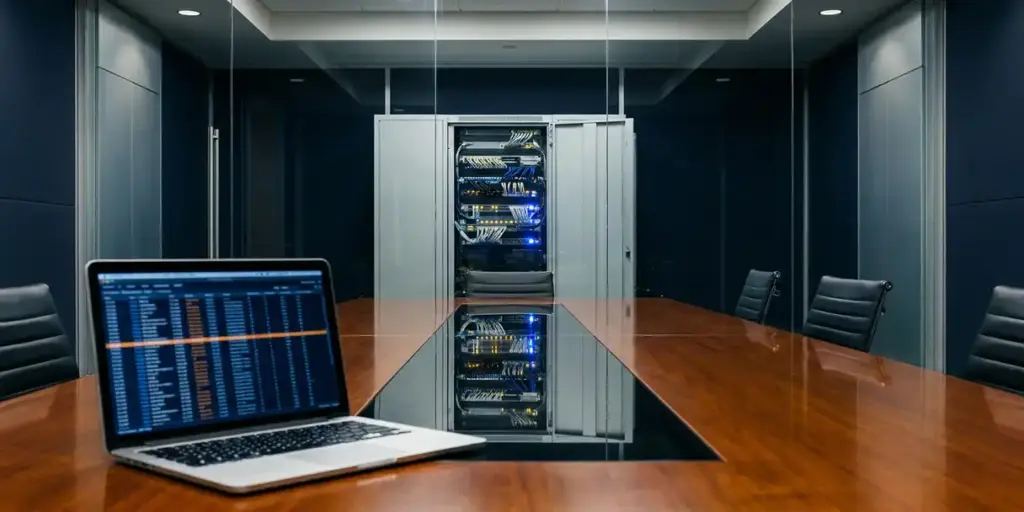Enterprise server rack reflected in a polished conference table, with an open laptop displaying structured license data in a modern glass-walled IT room.