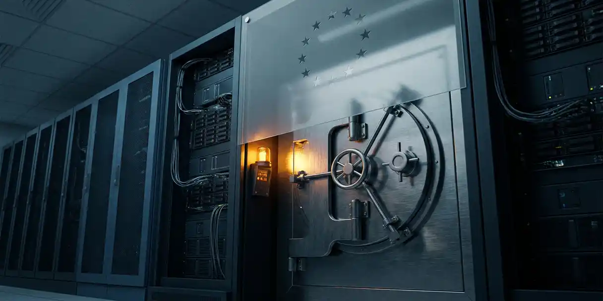 Locked steel vault door in a dimly lit EU data center server rack, bathed in amber warning light with a frosted EU flag overlay.