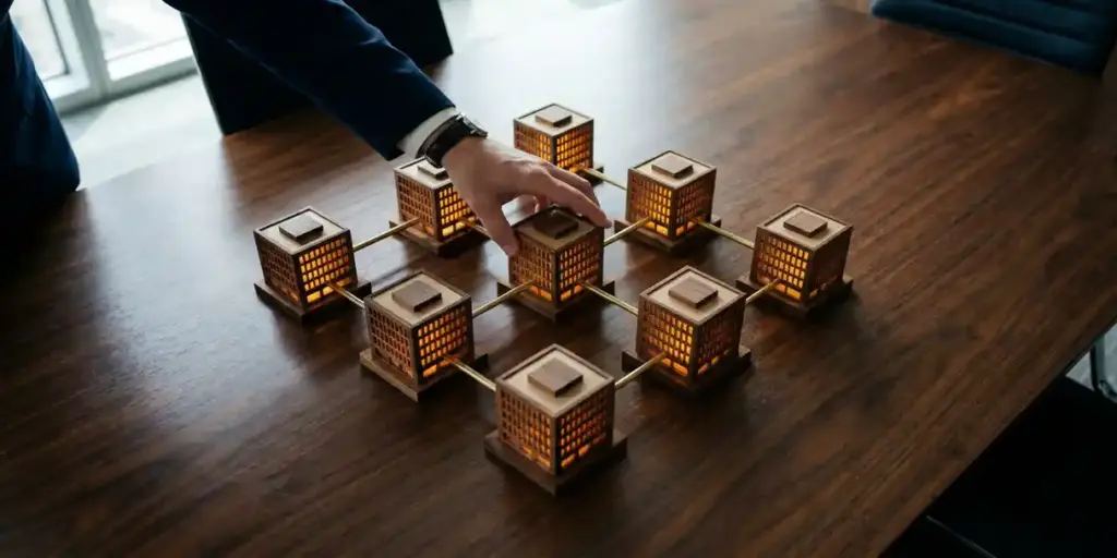 Executive hand arranging miniature office building models in a grid on a dark boardroom table, connected by brass lines.