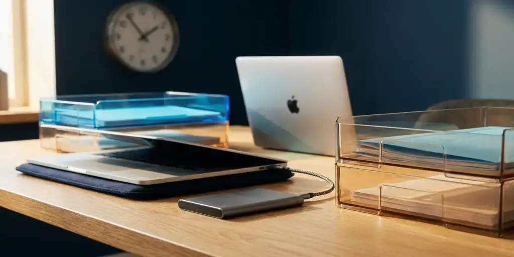 External hard drive connected to a laptop with layered translucent backup folders, clock on wall suggesting scheduled versioned backups.