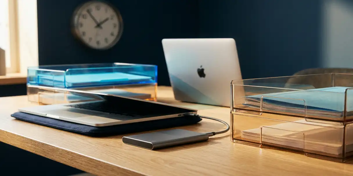 External hard drive connected to a laptop with layered translucent backup folders, clock on wall suggesting scheduled versioned backups.