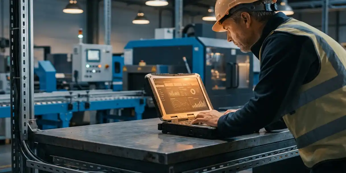 Factory floor supervisor analyzing a glowing dashboard on a ruggedized laptop at a steel workbench, with assembly lines softly blurred behind.