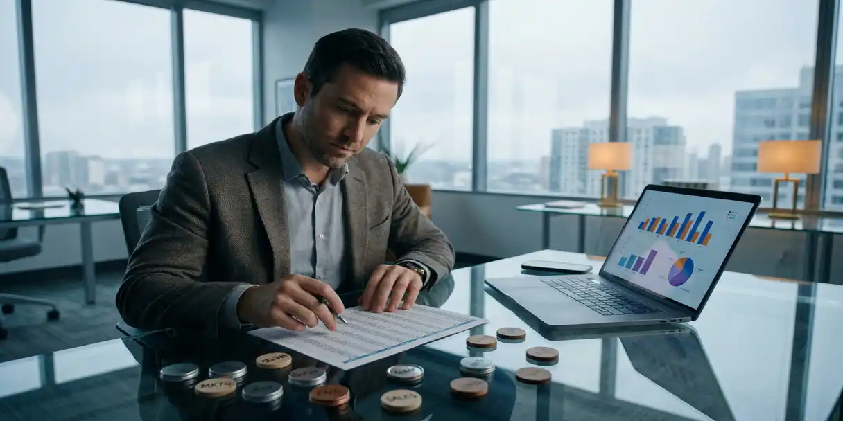 Finance manager analyzing usage report spreadsheet on glass desk with cost allocation tokens and laptop showing department budget charts.