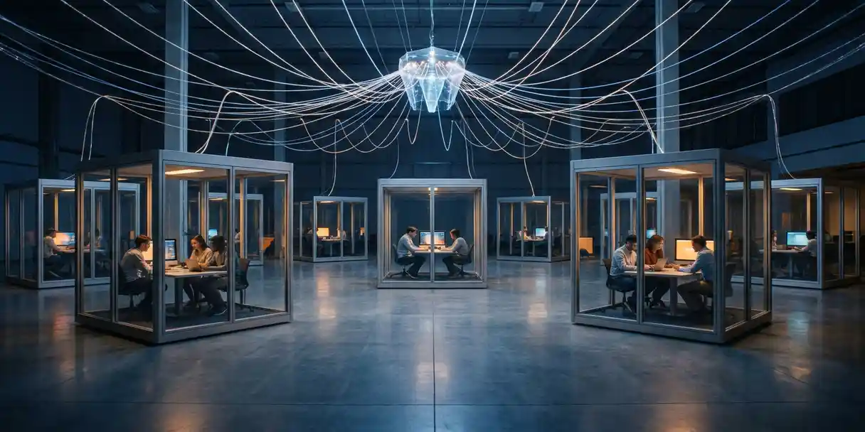 Glass-walled office pods housing focused teams connected by luminous threads to a central hub, photographed in navy, silver, and amber tones.