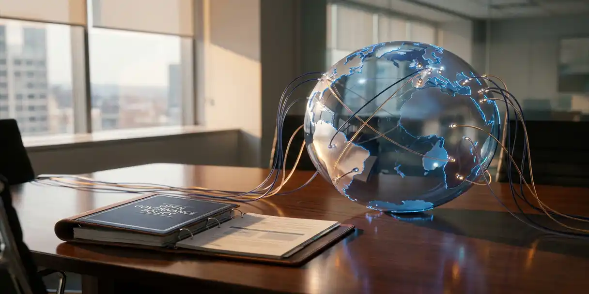Glass globe on a conference table with translucent data cables linking continents, beside an open global governance policy binder.
