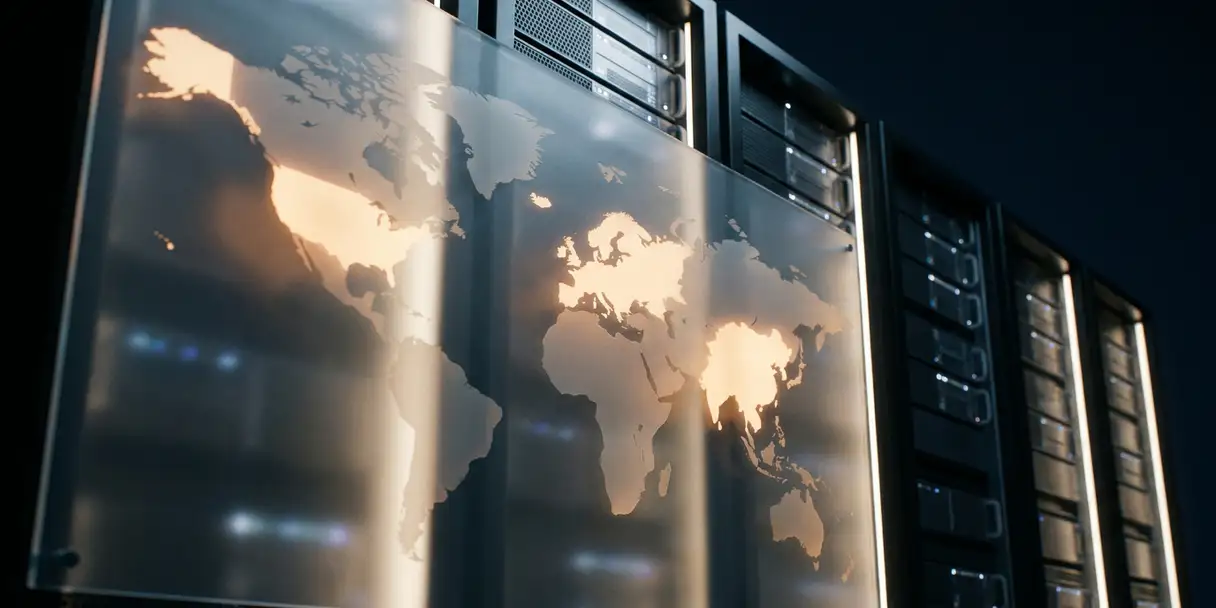 Glowing world map on frosted glass server panel with amber-highlighted regions across Europe, Asia, and North America, dark server racks in background.