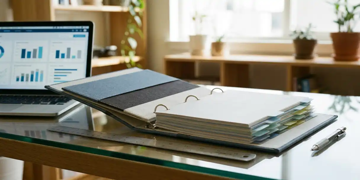 Open governance binder with color-coded approval tabs on a glass desk beside a laptop showing structured dashboard reports.