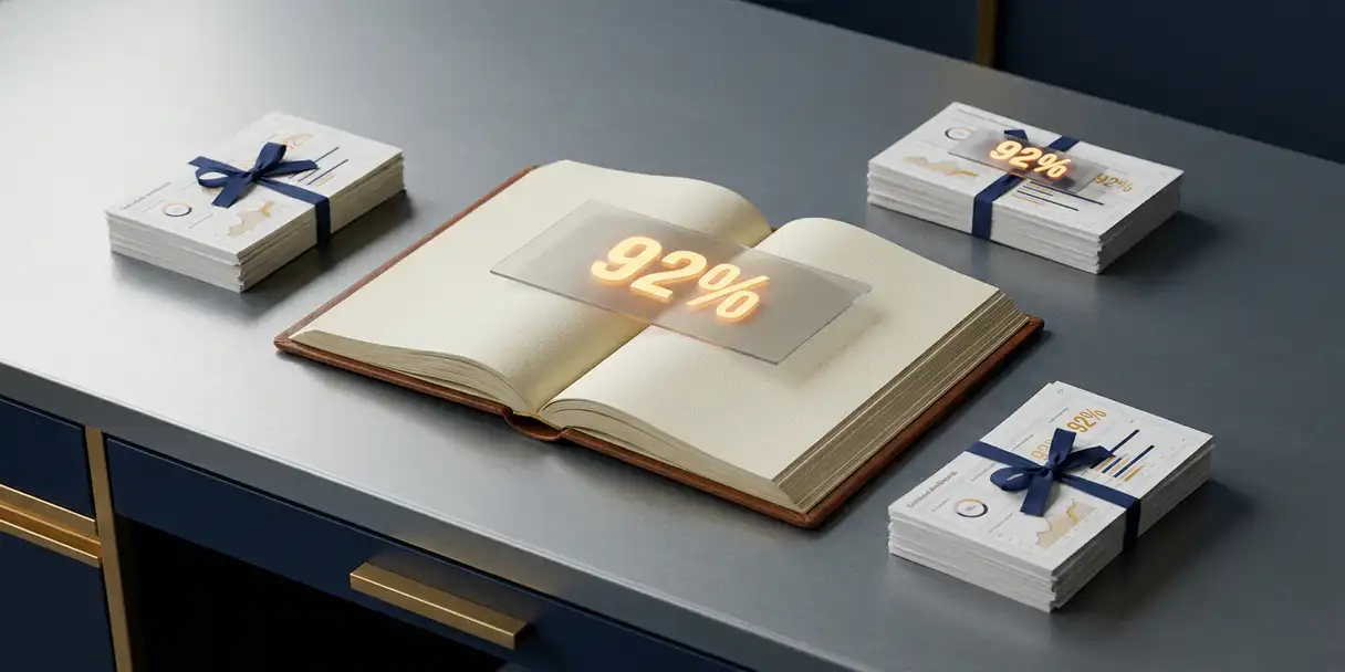 Open governance ledger book on a navy and gold desk surrounded by three miniature dashboard report stacks with an amber-highlighted metric.