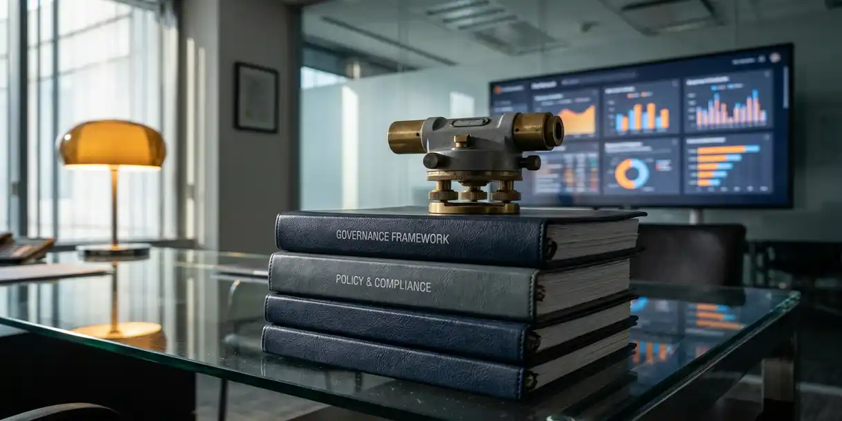 Architect's level balanced on governance binders atop a glass desk, with a glowing BI dashboard in soft focus behind it.