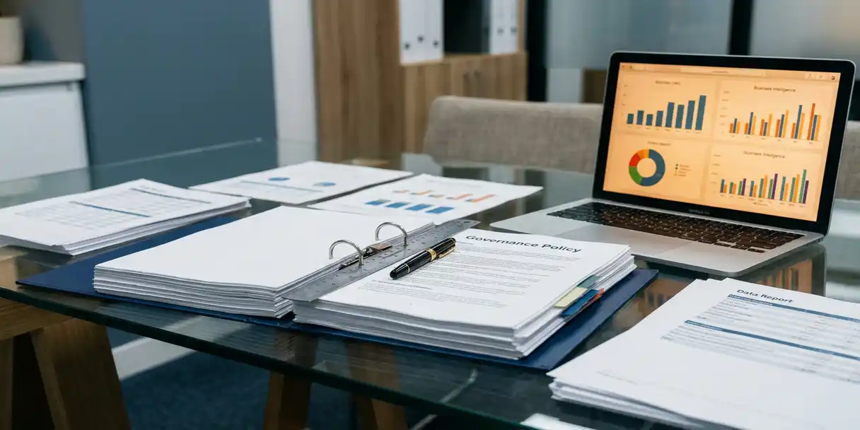 Open governance policy binder on a glass desk beside organized data report printouts and a laptop showing BI dashboards, ruler and pen resting across pages.