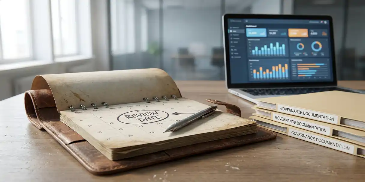 Worn leather desk calendar open to a marked review date beside governance documentation folders and a laptop displaying data dashboards, mechanical pencil resting across the page.