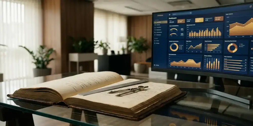 Leather-bound governance rulebook open on a glass desk beside a glowing data dashboard monitor, with a metal ruler and compass resting on the pages.