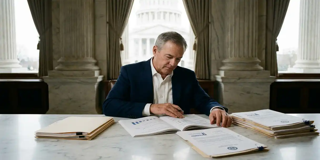 Government analyst reviewing an open dashboard report on a marble desk in a formal civic building with columns and tall windows.
